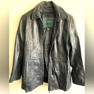 Vintage DANIER Black Leather Jacket Long Button Front Womens Size 6-8 medium